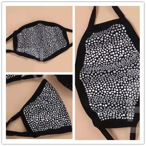 Women's 2 Pcs Masquerade Mask Reusable Rhinestone Music festival mask Breathable - Picture 5 of 7